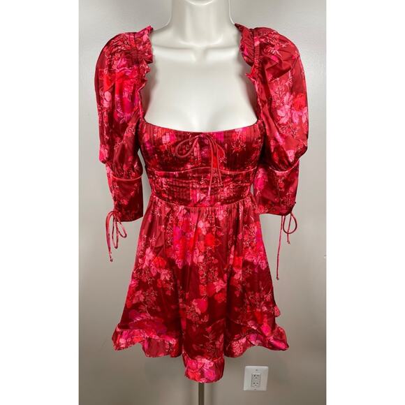 For Love & Lemons Alia Floral Puff Sleeve Tie Back Red Mini Dress Size XS - Picture 4 of 9